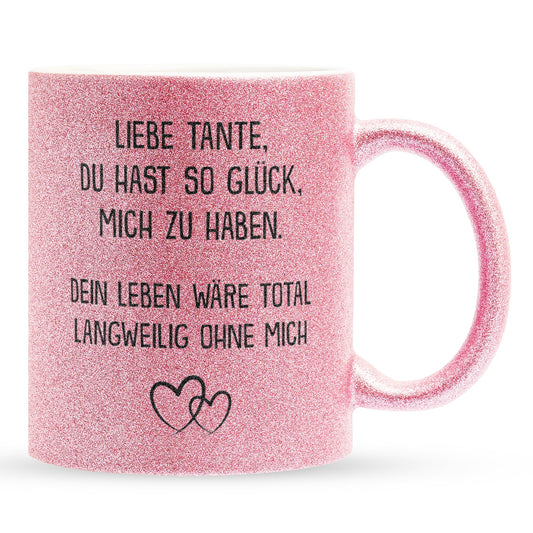 22Feels® Tante Geschenk - Glitzertasse mit Spruch (Pink, 320ml)-Glitzertasse Pink 320ml-22Feels