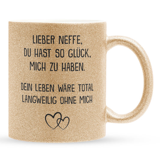22Feels® Neffe Geschenk - Glitzertasse mit Spruch (Gold, 320ml)-Glitzertasse Gold 320ml-22Feels