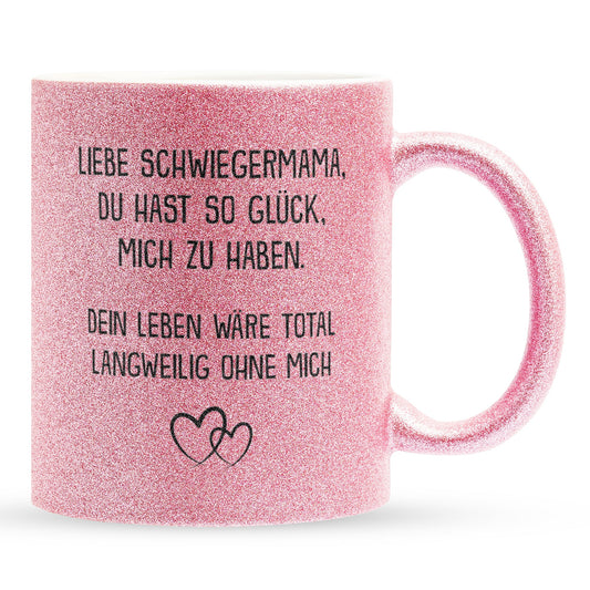 22Feels® Schwiegermama Geschenk - Glitzertasse mit Spruch (Pink, 320ml)-Glitzertasse Pink 320ml-22Feels