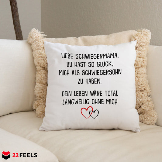22Feels® Schwiegermutter Geschenk vom Schwiegersohn bzw. Bräutigam - Kissen mit Spruch (Weiss 40x40cm)-Kissen Weiss 40x40-22Feels
