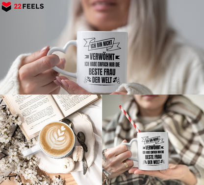 22Feels® Ehemann Geschenk zum Hochzeitstag, Valentinstag etc. - Tasse mit Spruch: Nicht Verwöhnt (Herzhenkel, Weiss, 320ml)-Tasse Weiss Herzhenkel 320ml-22Feels