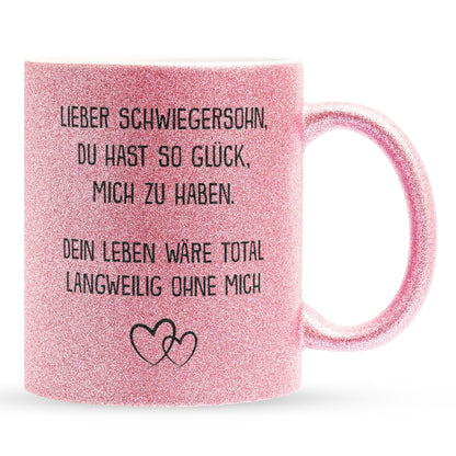 22Feels® Schwiegersohn Geschenk - Glitzertasse mit Spruch (Pink, 320ml)-Glitzertasse Pink 320ml-22Feels