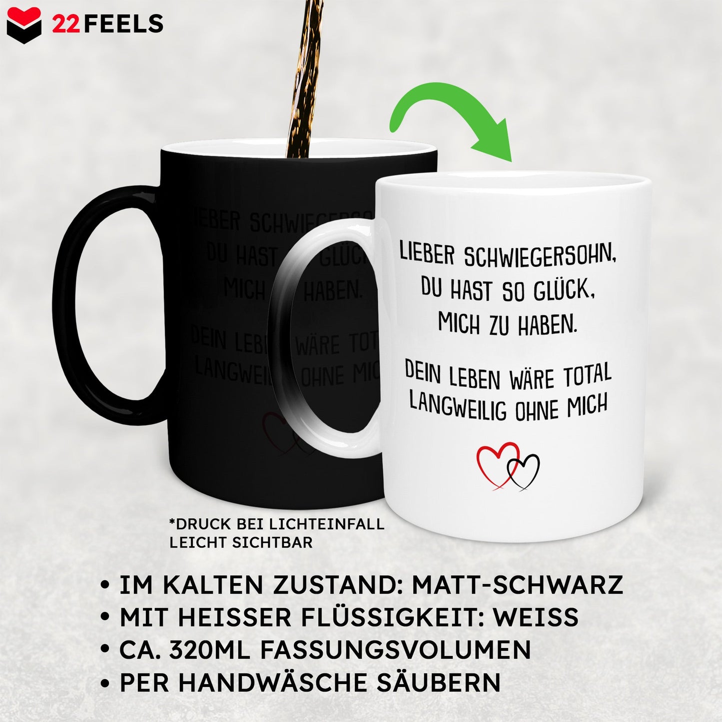 22Feels® Schwiegersohn Geschenk - Zaubertasse mit Spruch (Matt-Schwarz und Weiss, 320ml)-Farbwechsel Tasse Matt 320ml-22Feels