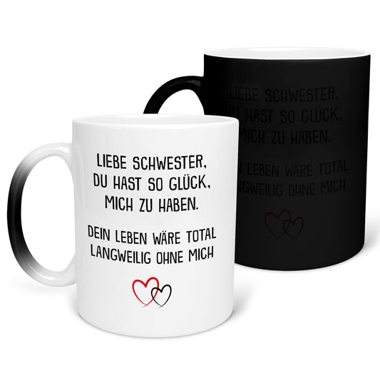 22Feels® Schwester Geschenk - Zaubertasse mit Spruch (Matt-Schwarz und Weiss, 320ml)-Farbwechsel Tasse Matt 320ml-22Feels