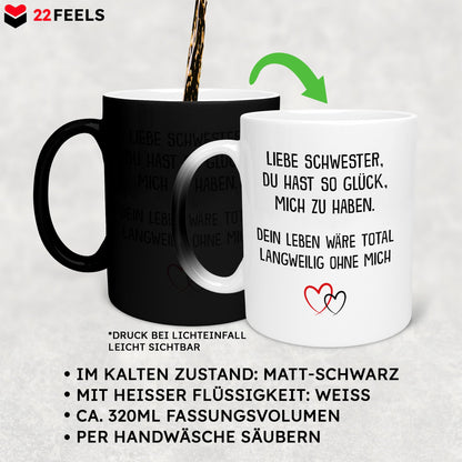 22Feels® Schwester Geschenk - Zaubertasse mit Spruch (Matt-Schwarz und Weiss, 320ml)-Farbwechsel Tasse Matt 320ml-22Feels