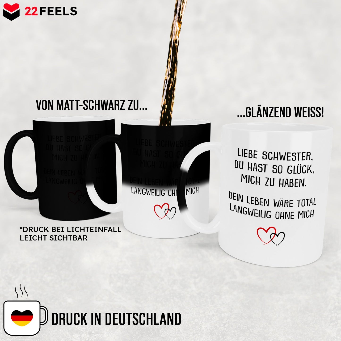 22Feels® Schwester Geschenk - Zaubertasse mit Spruch (Matt-Schwarz und Weiss, 320ml)-Farbwechsel Tasse Matt 320ml-22Feels