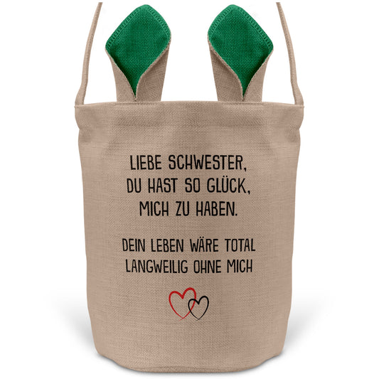 22Feels® Schwester Geschwister Osterkorb mit Henkel Ostergeschenk Tragetasche Ostern Deko Osternest Körbchen Hasenohren (Beige/Grün)-Ostern Tragetasche-22Feels