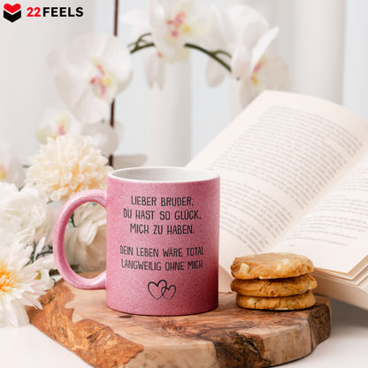 22Feels® Bruder Geschenk - Glitzertasse mit Spruch (Pink, 320ml)-Glitzertasse Pink 320ml-22Feels