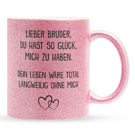 22Feels® Bruder Geschenk - Glitzertasse mit Spruch (Pink, 320ml)-Glitzertasse Pink 320ml-22Feels