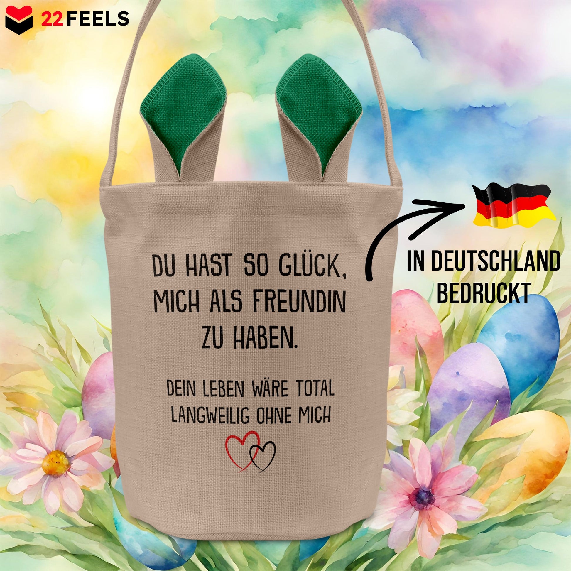 22Feels® Freund Paar Osterkorb mit Henkel Ostergeschenk Tragetasche Ostern Deko Osternest Körbchen Hasenohren (Beige/Grün)-Ostern Tragetasche-22Feels