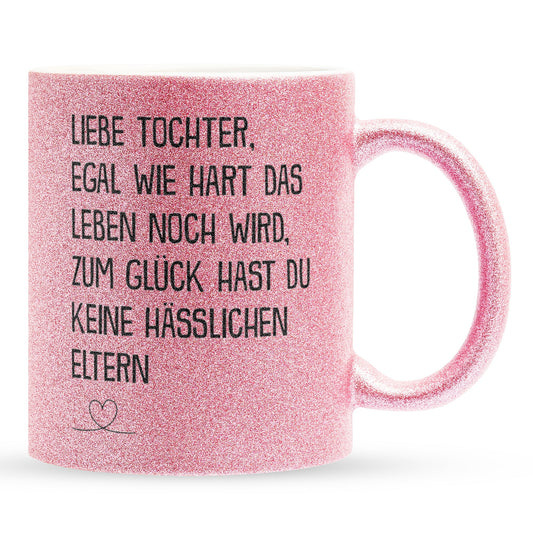 22Feels® Tochter Geschenk - Glitzertasse mit Spruch (Pink, 320ml)-Glitzertasse Pink 320ml-22Feels