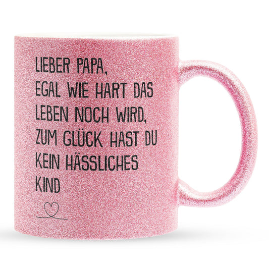 22Feels® Papa Geschenk - Glitzertasse mit Spruch (Pink, 320ml)-Glitzertasse Pink 320ml-22Feels