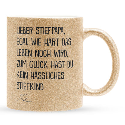 22Feels® Stiefvater Geschenk - Glitzertasse mit Spruch (Gold, 320ml)-Glitzertasse Gold 320ml-22Feels
