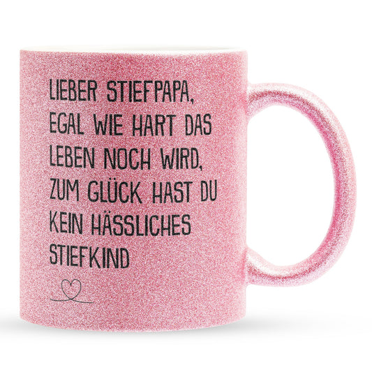 22Feels® Stiefvater Geschenk - Glitzertasse mit Spruch (Pink, 320ml)-Glitzertasse Pink 320ml-22Feels
