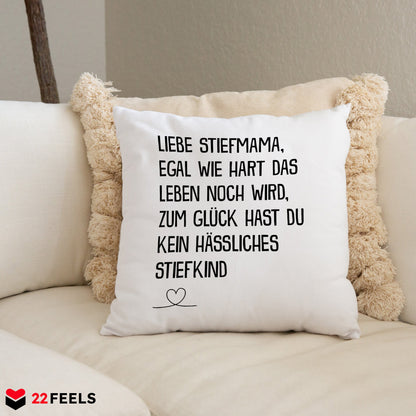 22Feels® Stiefmama Geschenk - Kissen mit Spruch (Weiss 40x40cm)-Kissen Weiss 40x40-22Feels
