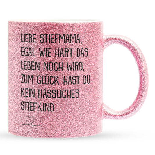 22Feels® Stiefmama Geschenk - Glitzertasse mit Spruch (Pink, 320ml)-Glitzertasse Pink 320ml-22Feels