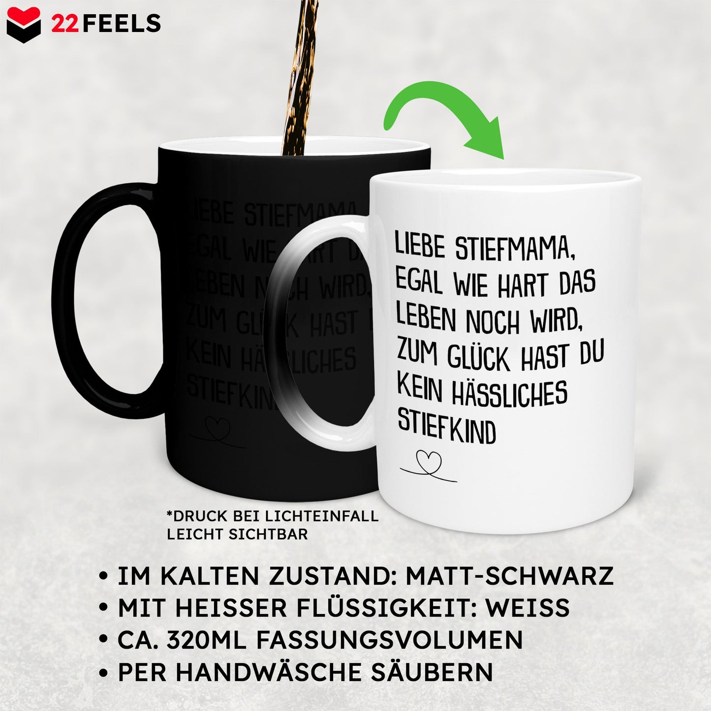 22Feels® Stiefmama Geschenk - Zaubertasse mit Spruch (Matt-Schwarz und Weiss, 320ml)-Farbwechsel Tasse Matt 320ml-22Feels