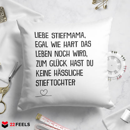 22Feels® Stiefmutter Geschenk von der Stieftochter - Kissen mit Spruch (Weiss 40x40cm)-Kissen Weiss 40x40-22Feels