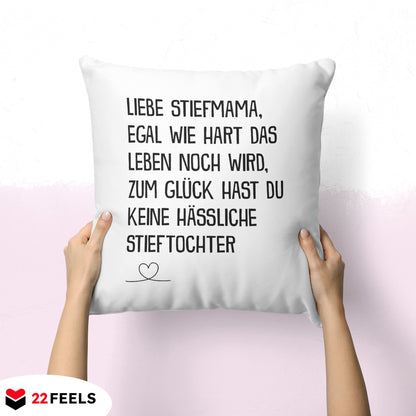 22Feels® Stiefmutter Geschenk von der Stieftochter - Kissen mit Spruch (Weiss 40x40cm)-Kissen Weiss 40x40-22Feels
