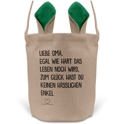 22Feels® Oma Osterkorb von Enkel Grossmutter mit Henkel Ostergeschenk Tragetasche Ostern Deko Osternest Körbchen Hasenohren (Beige/Grün)-Ostern Tragetasche-22Feels