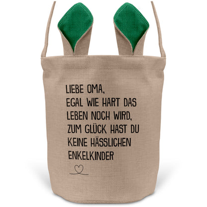 22Feels® Oma Grossmutter Osterkorb mit Henkel Ostergeschenk Tragetasche Ostern Deko Osternest Körbchen Hasenohren (Beige/Grün)-Ostern Tragetasche-22Feels