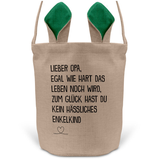 22Feels® Opa Grossvater Osterkorb mit Henkel Ostergeschenk Tragetasche Ostern Deko Osternest Körbchen Hasenohren (Beige/Grün)-Ostern Tragetasche-22Feels