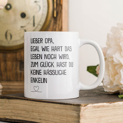 22Feels® Geschenk für Opas von Enkelin - Tasse mit Spruch: Egal Wie Hart (Weiss, 320ml)-Weisse Tasse 325ml-22Feels
