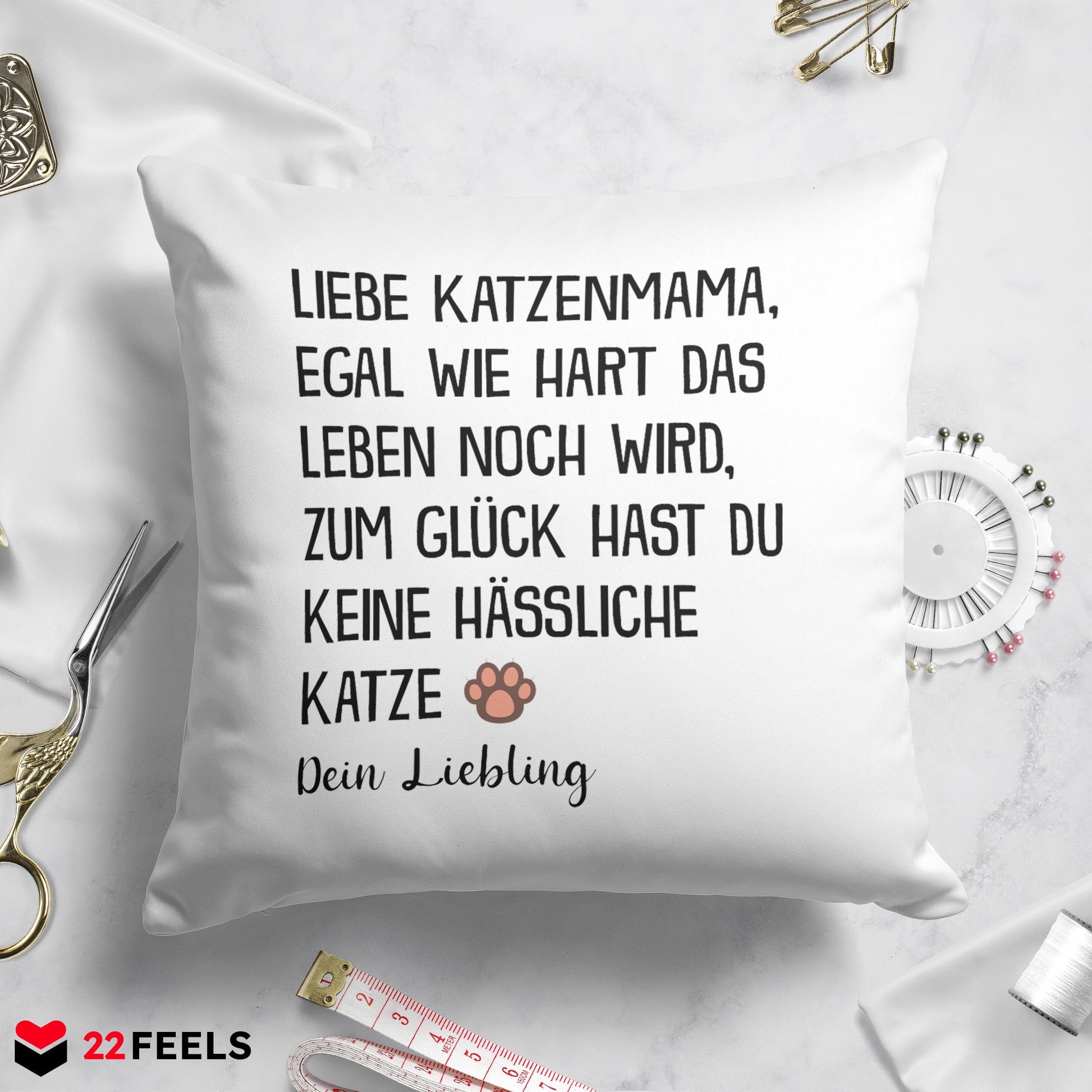 22Feels® Katzenmama Geschenk für Cat Moms und Katzen-Frauchen - Kissen mit Spruch (Weiss 40x40cm)-Kissen Weiss 40x40-22Feels