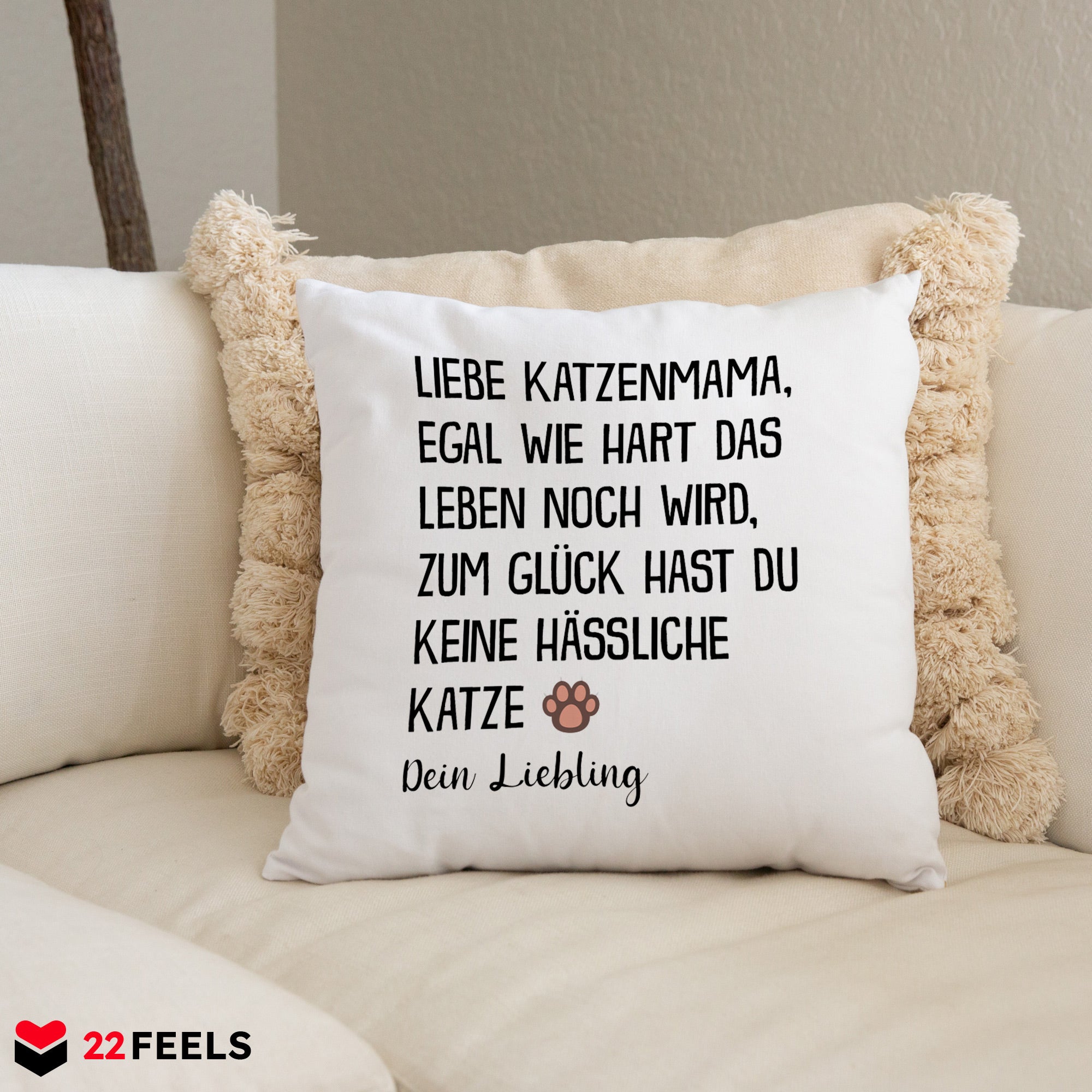 22Feels® Katzenmama Geschenk für Cat Moms und Katzen-Frauchen - Kissen mit Spruch (Weiss 40x40cm)-Kissen Weiss 40x40-22Feels