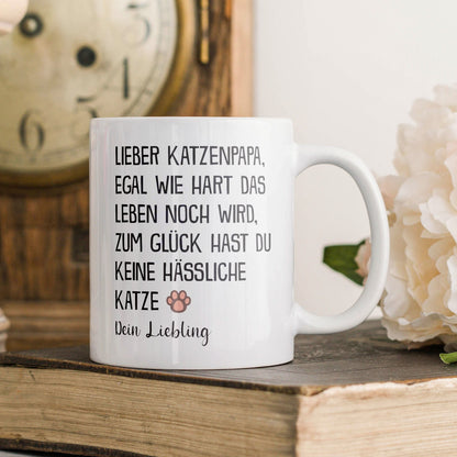 22Feels® Geschenk für Katzenpapa - Tasse mit Spruch: Egal Wie Hart (Weiss, 320ml)-Weisse Tasse 320ml-22Feels