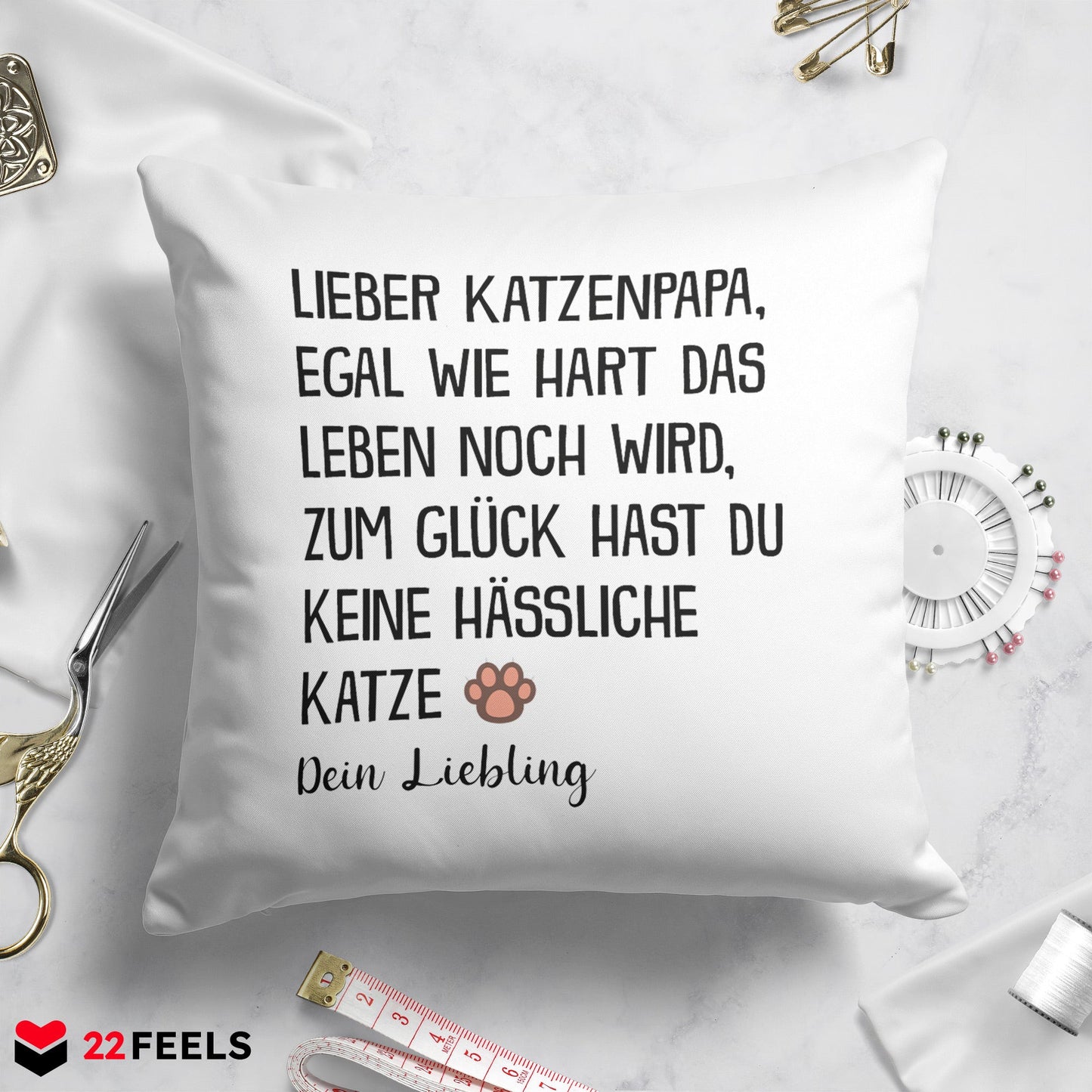 22Feels® Katzenpapa Geschenk für Cat Dads und Katzen-Herrchen - Kissen mit Spruch (Weiss 40x40cm)-Kissen Weiss 40x40-22Feels