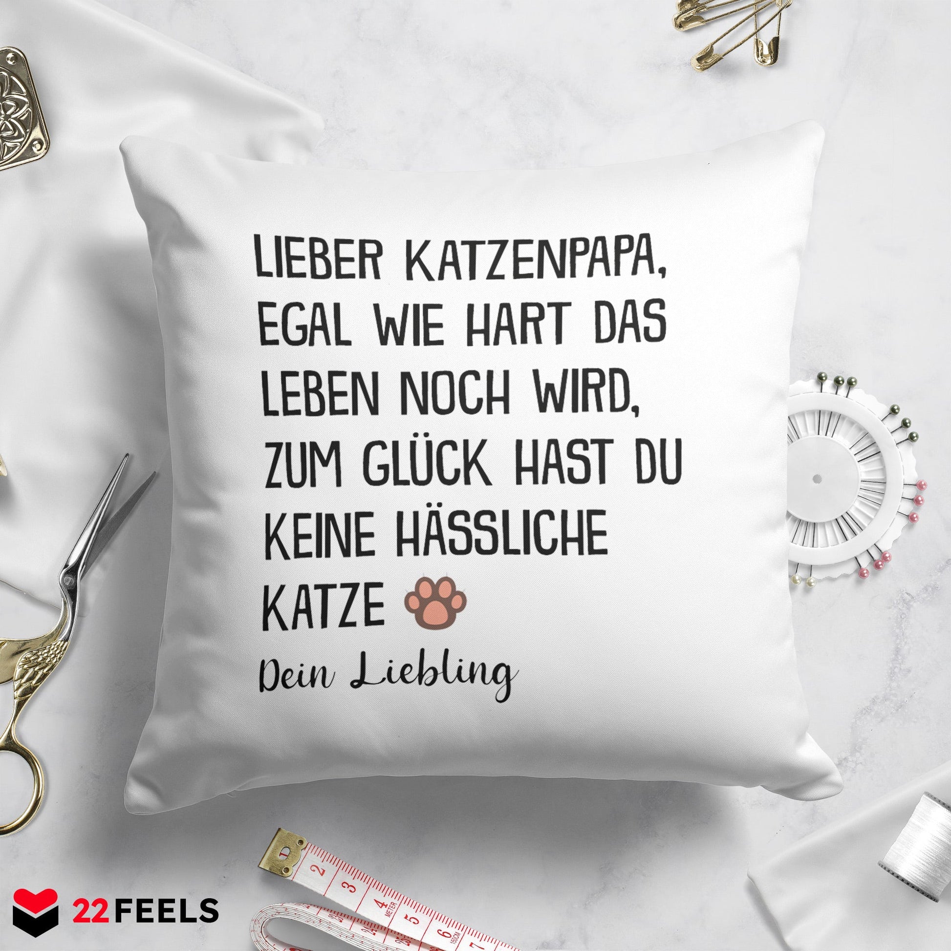 22Feels® Katzenpapa Geschenk für Cat Dads und Katzen-Herrchen - Kissen mit Spruch (Weiss 40x40cm)-Kissen Weiss 40x40-22Feels