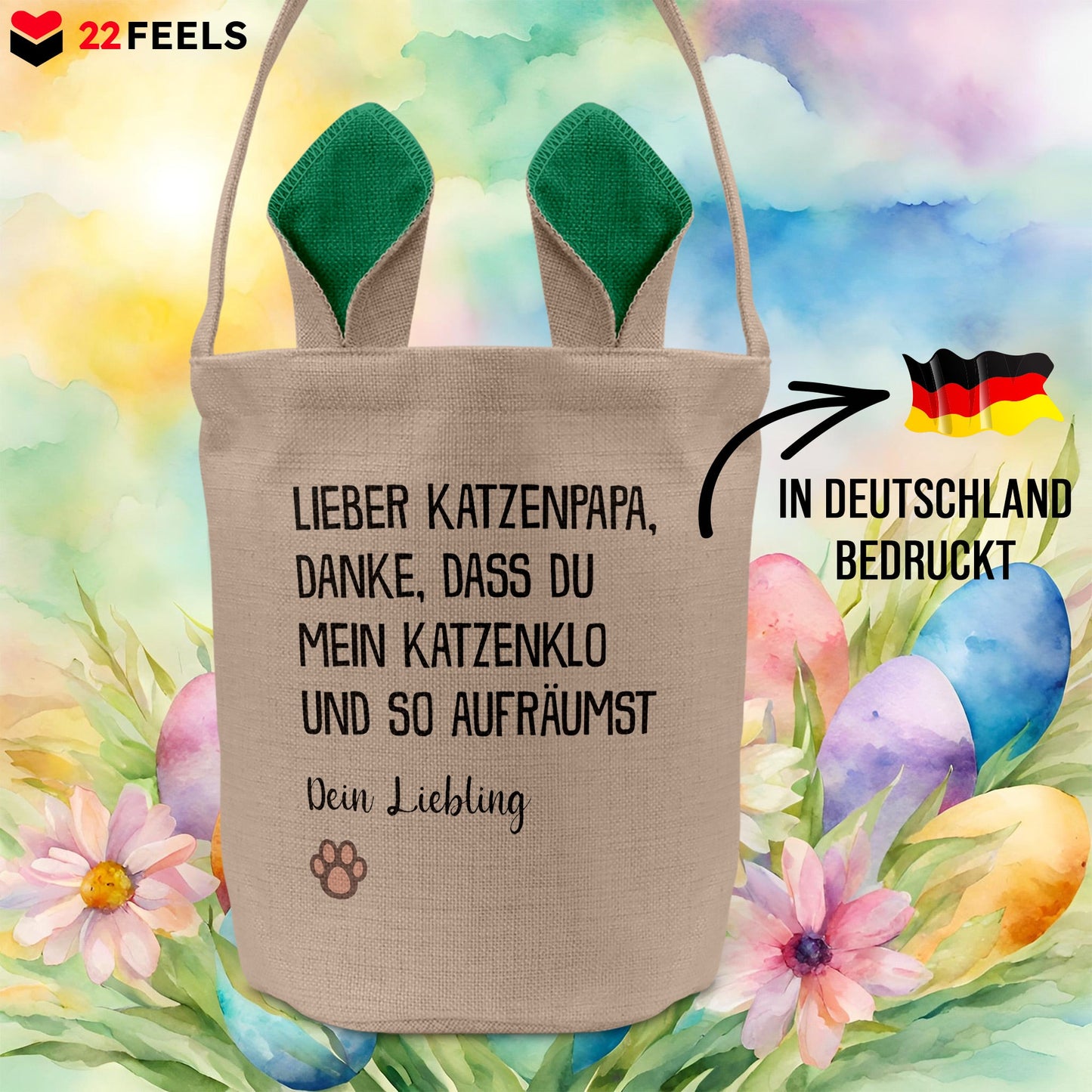22Feels® Katzenpapa Herrchen Katzen Osterkorb mit Henkel Ostergeschenk Tragetasche Ostern Deko Osternest Körbchen Hasenohren (Beige/Grün)-Ostern Tragetasche-22Feels