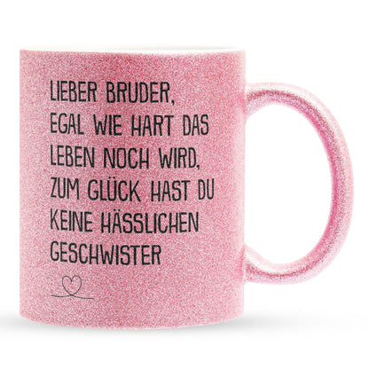 22Feels® Bruder Geschenk - Glitzertasse mit Spruch (Pink, 320ml)-Glitzertasse Pink 320ml-22Feels