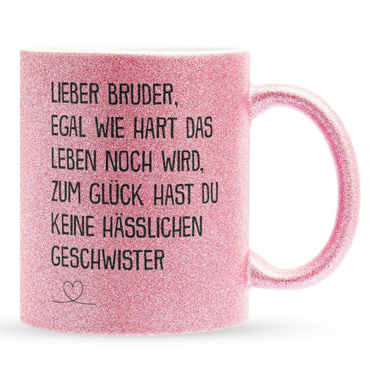 22Feels® Bruder Geschenk - Glitzertasse mit Spruch (Pink, 320ml)-Glitzertasse Pink 320ml-22Feels