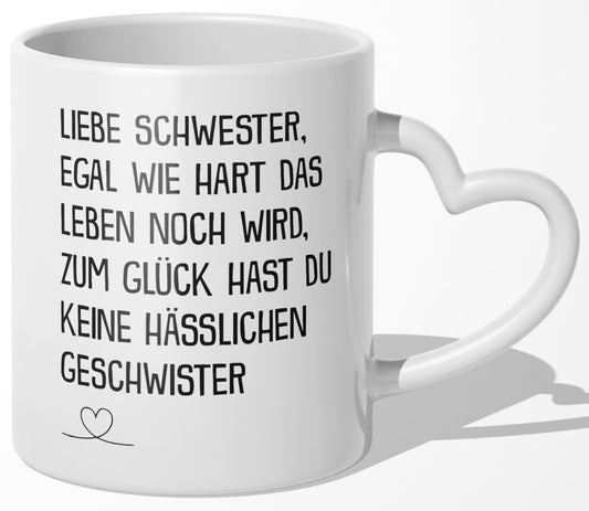 22Feels® Schwester Geschenk - Tasse mit Spruch (Herzhenkel, Weiss, 320ml)-Tasse Weiss Herzhenkel 320ml-22Feels