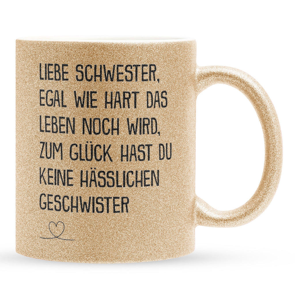 22Feels® Schwester Geschenk - Glitzertasse mit Spruch (Gold, 320ml)-Glitzertasse Gold 320ml-22Feels