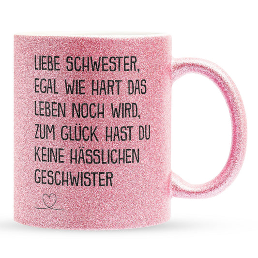 22Feels® Schwester Geschenk - Glitzertasse mit Spruch (Pink, 320ml)-Glitzertasse Pink 320ml-22Feels