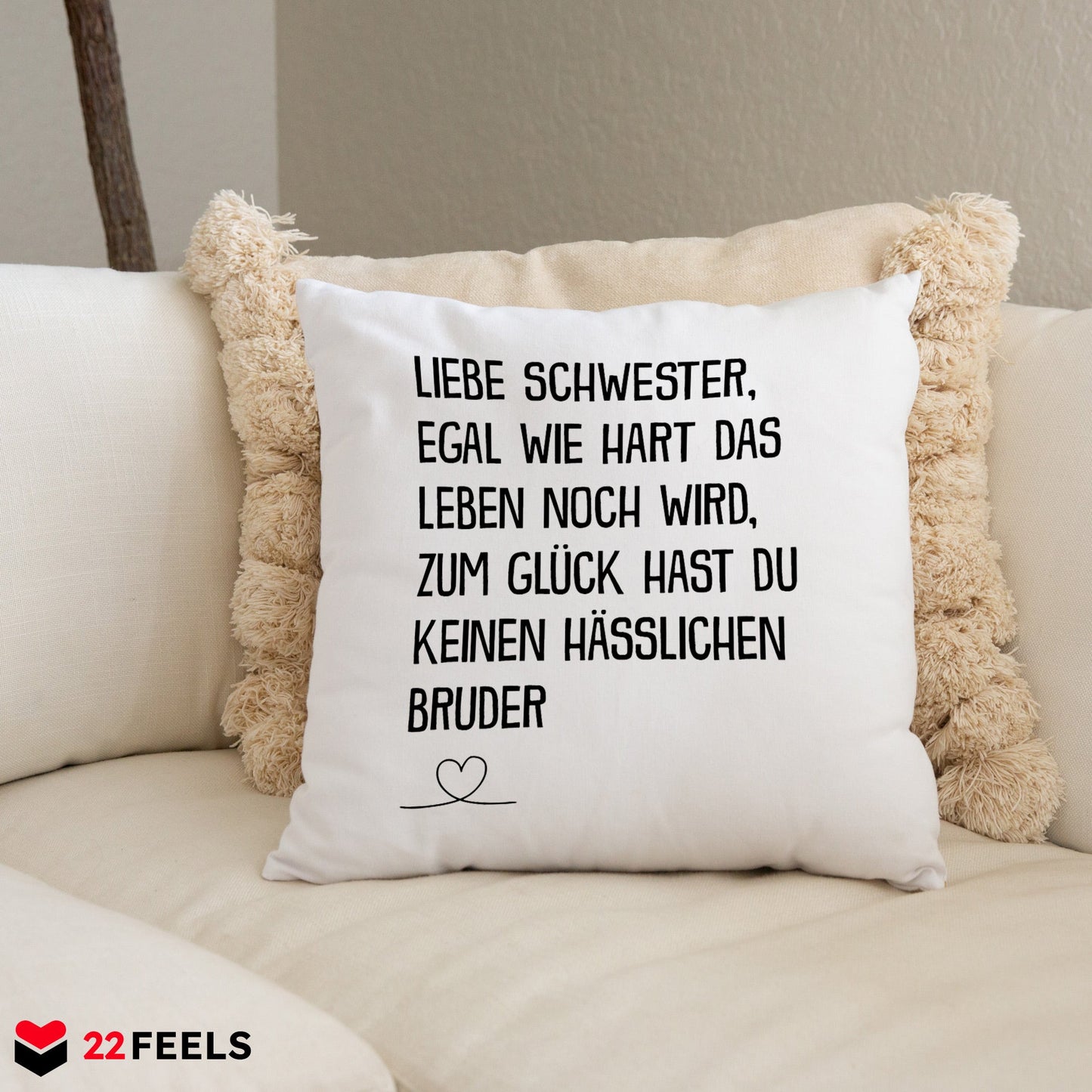 22Feels® Schwester Geschenk vom Bruder - Kissen mit Spruch (Weiss 40x40cm)-Kissen Weiss 40x40-22Feels