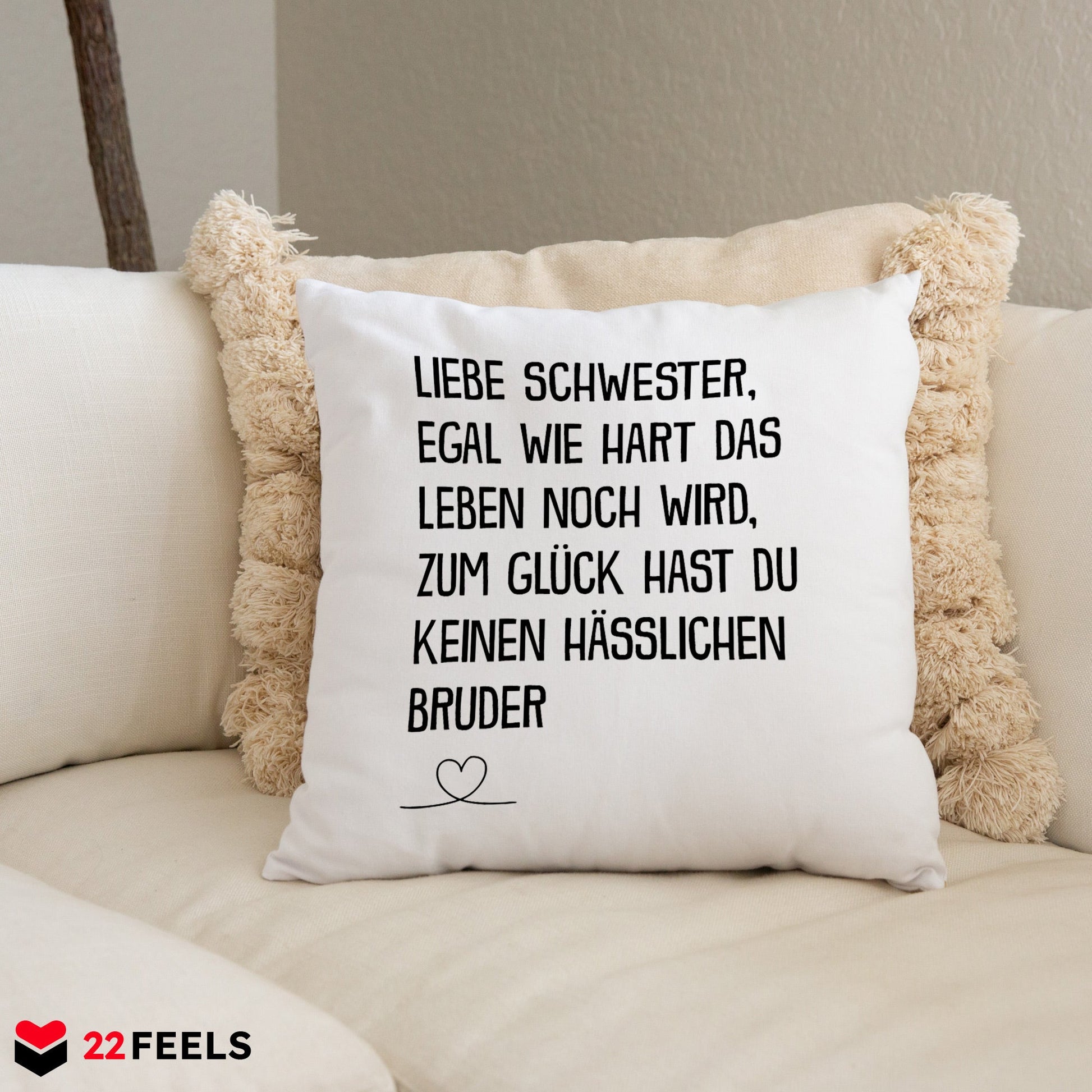 22Feels® Schwester Geschenk vom Bruder - Kissen mit Spruch (Weiss 40x40cm)-Kissen Weiss 40x40-22Feels