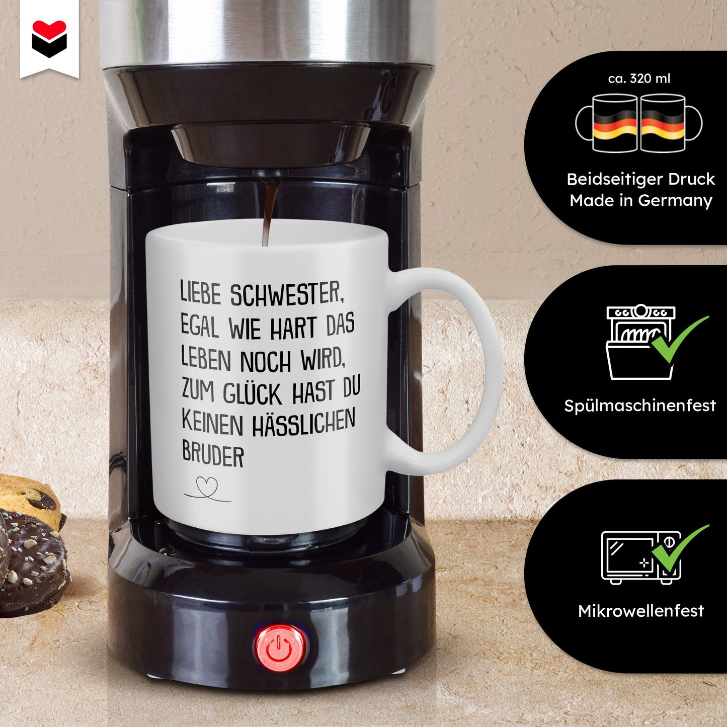 22Feels® Geschenk für Schwester von Bruder - Tasse mit Spruch: Egal Wie Hart (Weiss, 320ml)-Weisse Tasse 320ml-22Feels