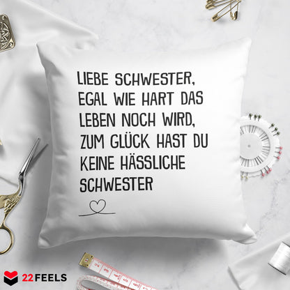 22Feels® Schwester Geschenk von der anderen Schwester - Kissen mit Spruch (Weiss 40x40cm)-Kissen Weiss 40x40-22Feels