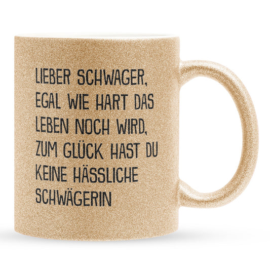 22Feels® Schwager Geschenk von Schwägerin - Glitzertasse mit Spruch (Gold, 320ml)-Glitzertasse Gold 320ml-22Feels