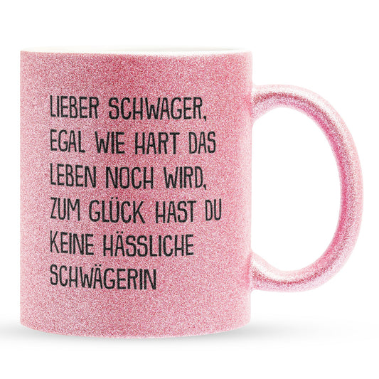22Feels® Schwager Geschenk von Schwägerin - Glitzertasse mit Spruch (Pink, 320ml)-Glitzertasse Pink 320ml-22Feels