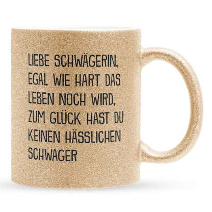 22Feels® Schwägerin Geschenk von Schwager - Glitzertasse mit Spruch (Gold, 320ml)-Glitzertasse Gold 320ml-22Feels