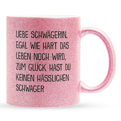 22Feels® Schwägerin Geschenk von Schwager - Glitzertasse mit Spruch (Pink, 320ml)-Glitzertasse Pink 320ml-22Feels