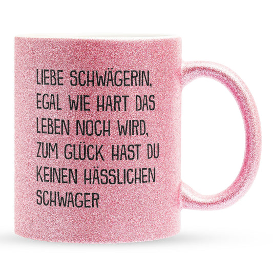 22Feels® Schwägerin Geschenk von Schwager - Glitzertasse mit Spruch (Pink, 320ml)-Glitzertasse Pink 320ml-22Feels