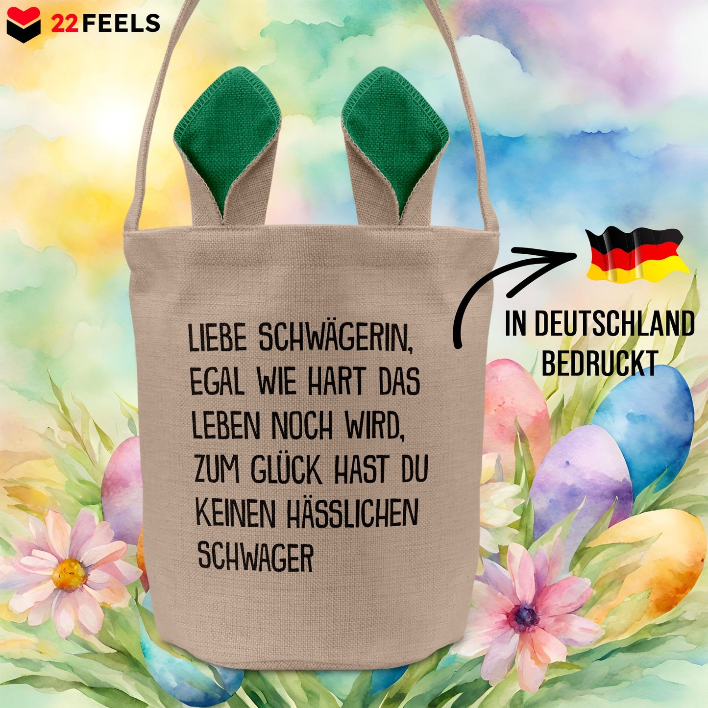 22Feels® Schwägerin Osterkorb von Schwäger mit Henkel Ostergeschenk Tragetasche Ostern Deko Osternest Körbchen Hasenohren (Beige/Grün)-Ostern Tragetasche-22Feels