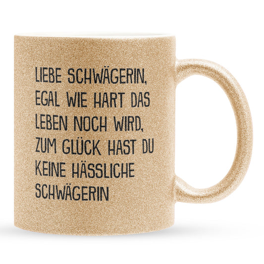 22Feels® Schwägerin Geschenk von Schwägerin - Glitzertasse mit Spruch (Gold, 320ml)-Glitzertasse Gold 320ml-22Feels