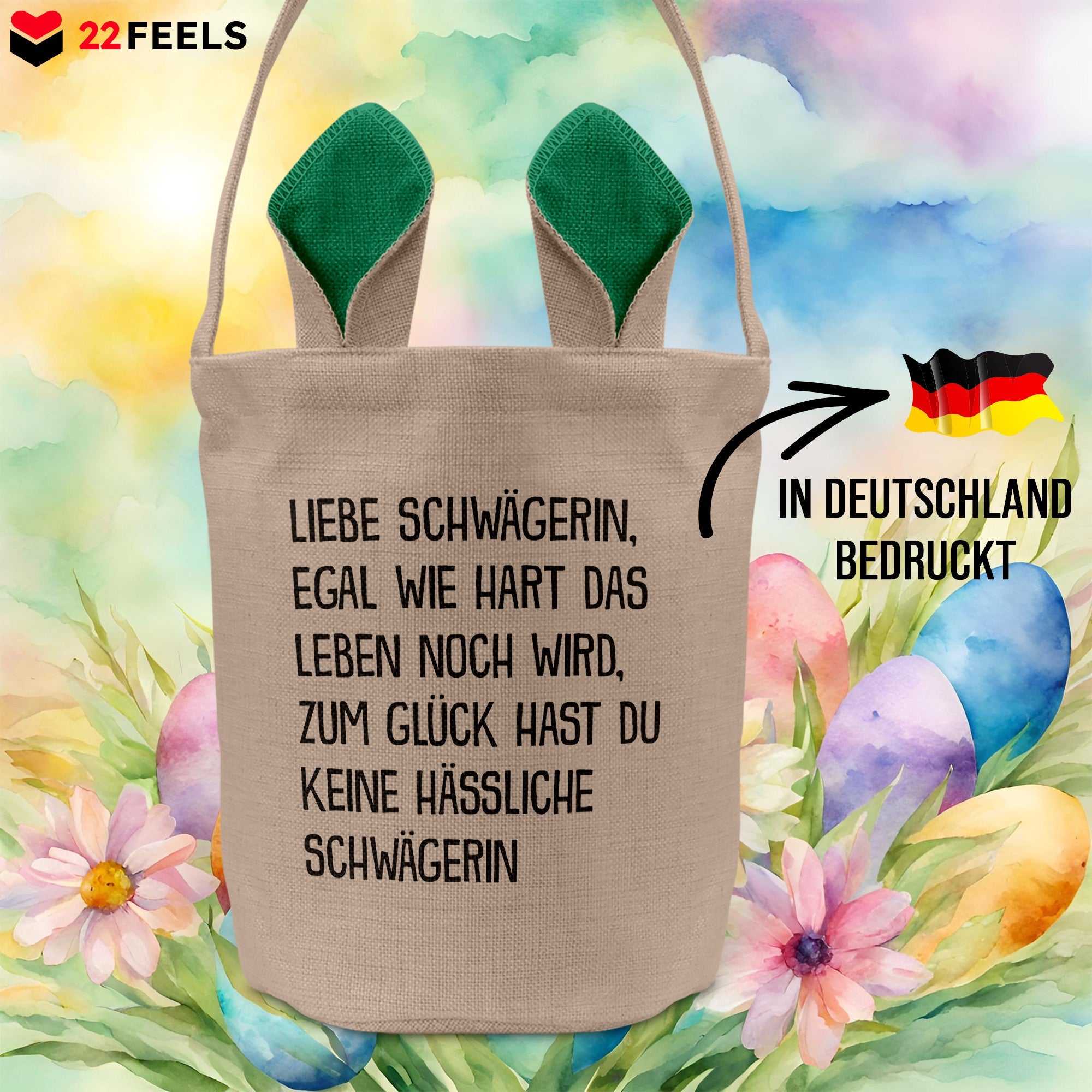 22Feels® Schwägerin Osterkorb von Schwägerin mit Henkel Ostergeschenk Tragetasche Ostern Deko Osternest Körbchen Hasenohren (Beige/Grün)-Ostern Tragetasche-22Feels